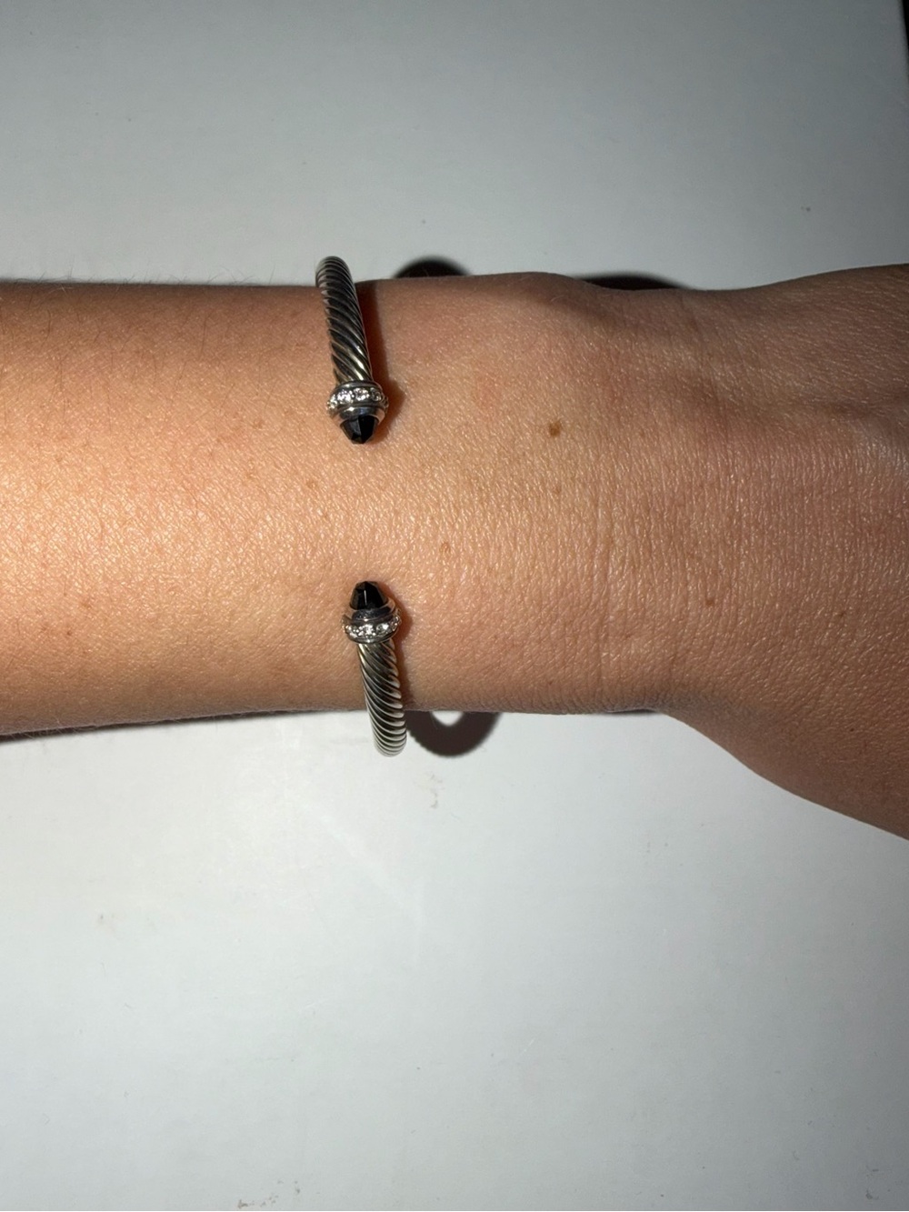 David Yurman Silver Cuff Lexington Chain Bracelet 9.8MM w Diamond Black Stone